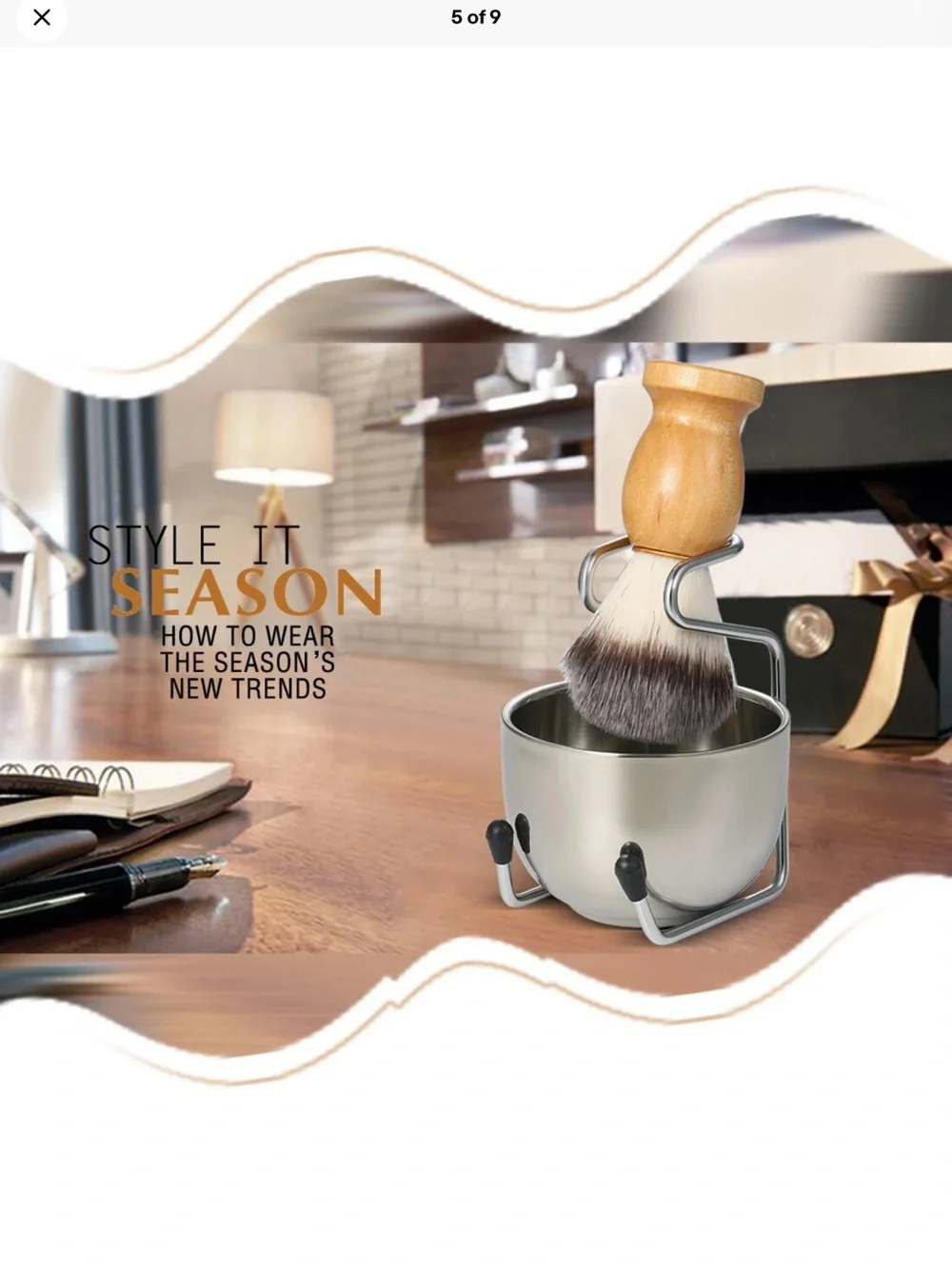 Wood Handle Shaving Brush with Silver Lather Bowl and Stand - Men Grooming NIB